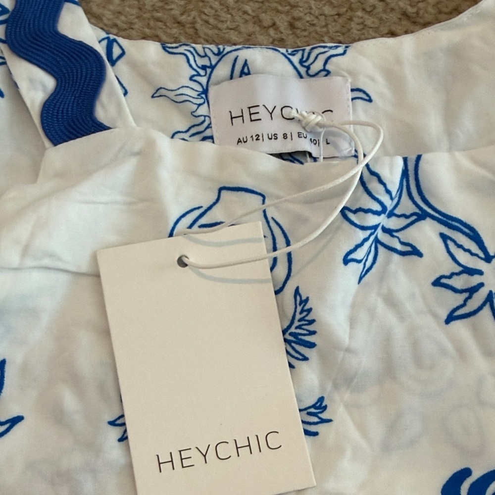 HEYCHIC Blue & White Mediterranean Sun Print Mini Dress – AUS 12 / US 8 – NWT - Picture 3 of 5